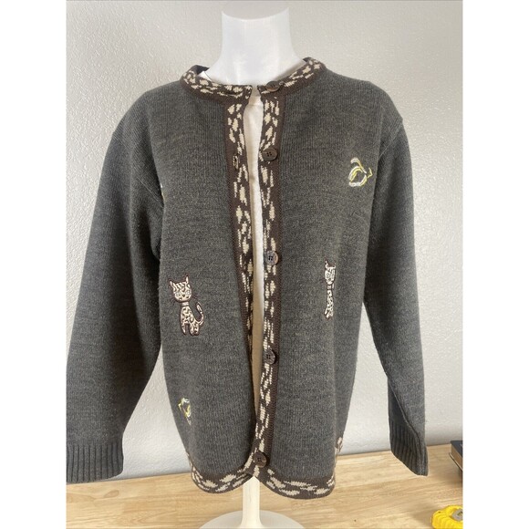 VTG Wool Blend Cardigan Sweater Gray Cat Cheetah Buttons Bling GrandmaCore Sz M - Picture 1 of 9
